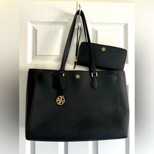 Like Brand New Tory Burch Robinson Tote & Continental Wallet in Black Leather